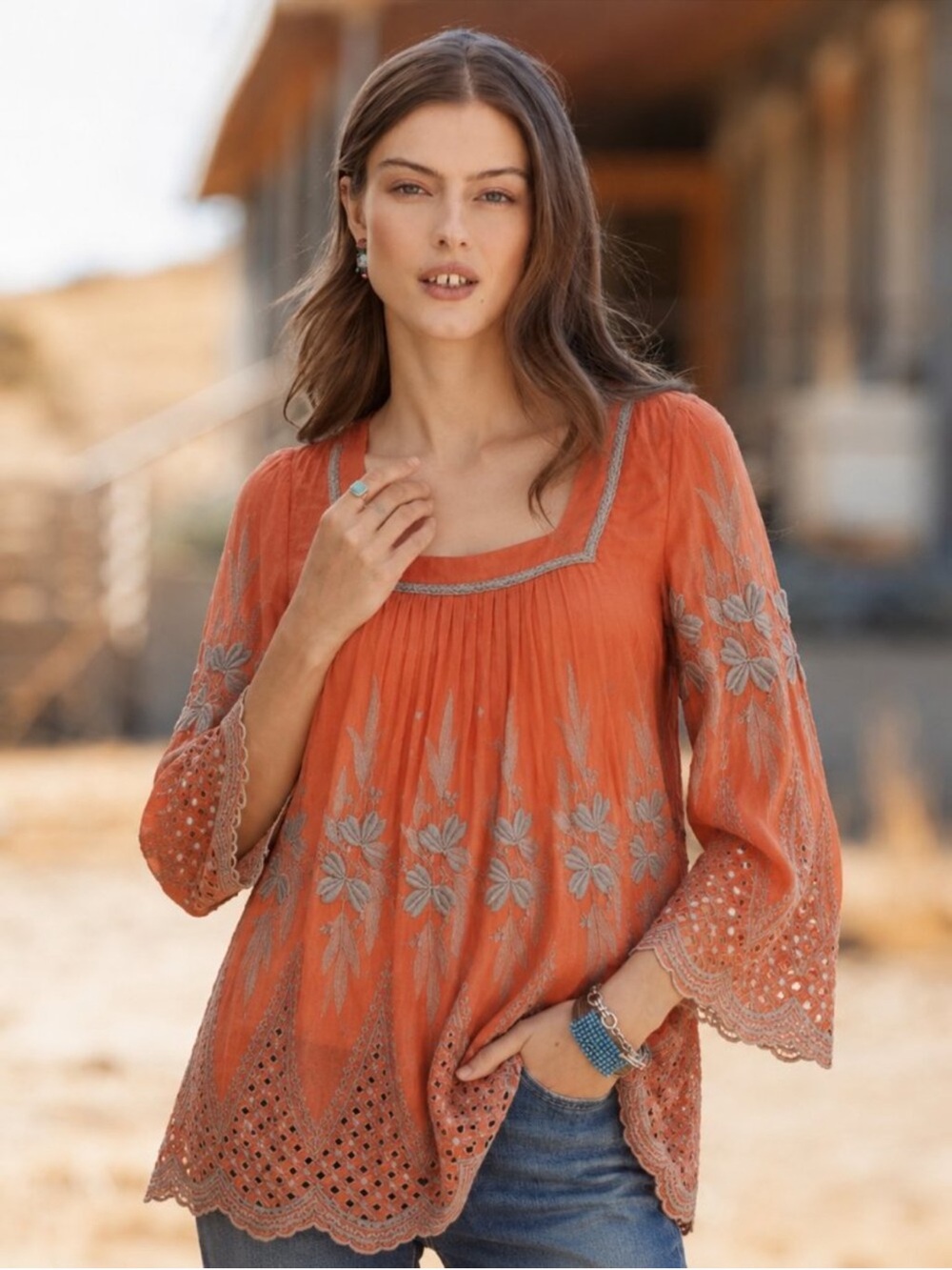 Sundance by Blue Tassel NWOT Embroidered Square-Neck Tunic Top Orange & Gray